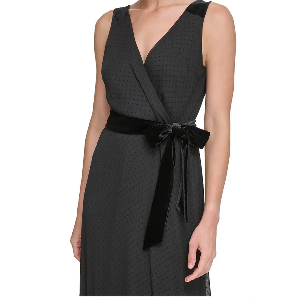 NWOT DKNY black faux wrap belted sleevless gown. Size 12. - Picture 4 of 5